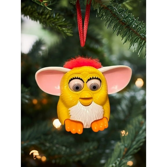 Ornament Furby Yellow Body Red Hair Gray Eyes Orange Feet White Belly 4”