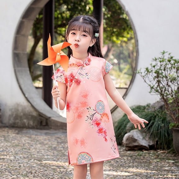 LIJCC Kid Girls Chinese Qipao Dress Peony Pattern Short Sleeve China Traditional Bride Dress Cheongsam Costume for Birthday Party Wedding
