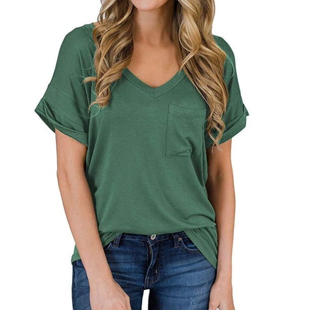 Fiudx Camisas de Mujer Camiseta de Manga Corta con Cuello En V y Bolsillos Informales para Mujer