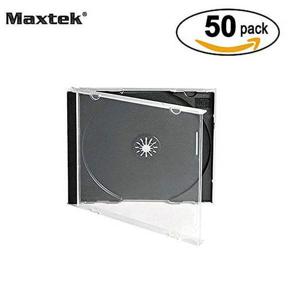 Maxtek 10.4 mm Standard Single Clear CD Jewel Case with Assembled Black Tray 50 Pack
