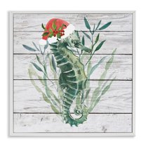 Stupell Industries Christmas Seahorse with Santa Hat Nature Painting White Framed Art Print Wall Art, 17 x 17
