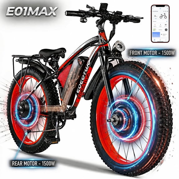 EOEOTWO E01MAX 26" Fat Tire Electric Bike for Adults, Peak Dual Motor Mountain E-Bike, Off-Road, 48V 23Ah Battery, 80-Mile Range, Hydraulic Brakes, UL 2849 Certified