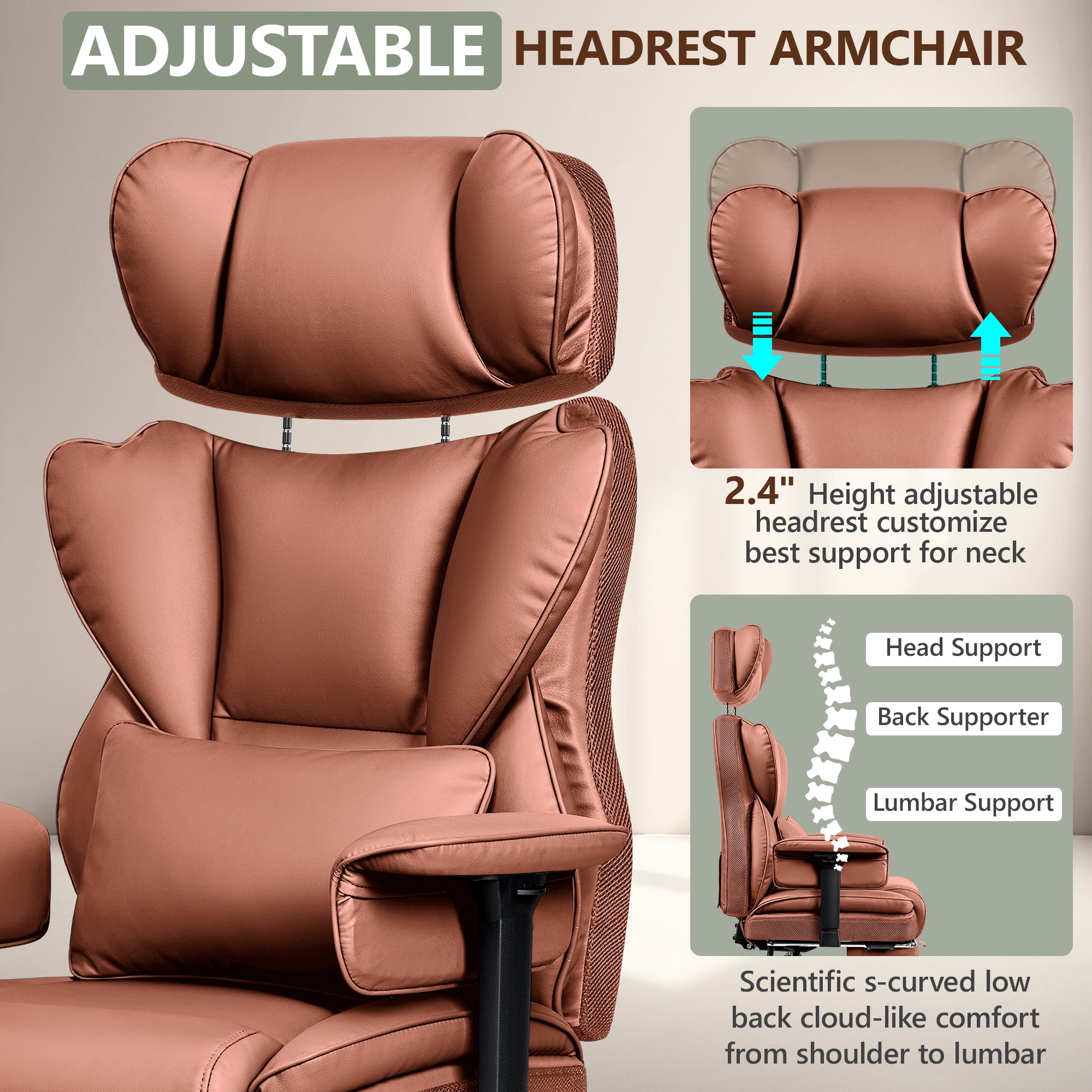 COOLHUT Big and Tall PU Leather Office Chair with Adjustable Headrest & Footrest, Executive Computer Desk Chair with 3D Adjustable Padded Armrest, Ergonomic Office Chair with Lumbar Support, Brown