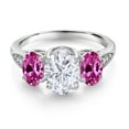 thumbnail image 2 of Gem Stone King 10K White Gold White Moissanite Pink Created Sapphire and White Lab Grown Diamond 3 Stone Engagement Ring for Women (2.54 Cttw, Gemstone Birthstone, Available in Size 5, 6, 7, 8, 9), 2 of 5
