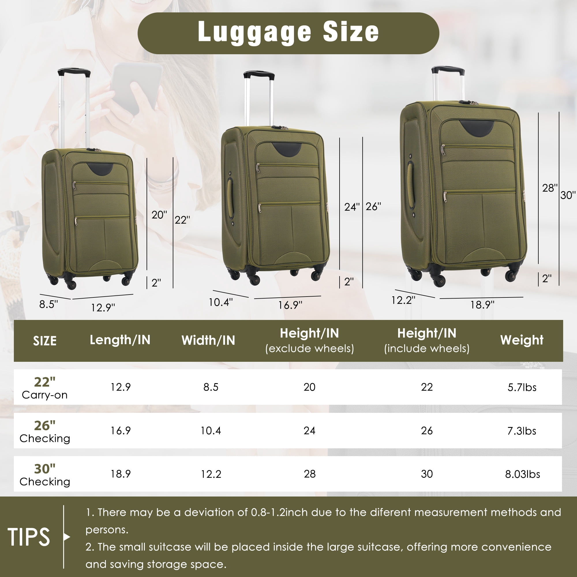 EUROCO 3 Piece Softside Luggage Set,Expandable Suitcase Set with TSA Lock and Spinner Wheels,Lightweight Suitcase for Men Women(20",24",28"),Army Green