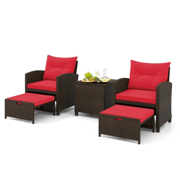 Aimee Lii 5 Pieces Patio Rattan Furniture with 2 Ottomans and Tempered Glass Coffee Table, Furniture for Outdoor Patio Garden Backyard Pool Deck-Red