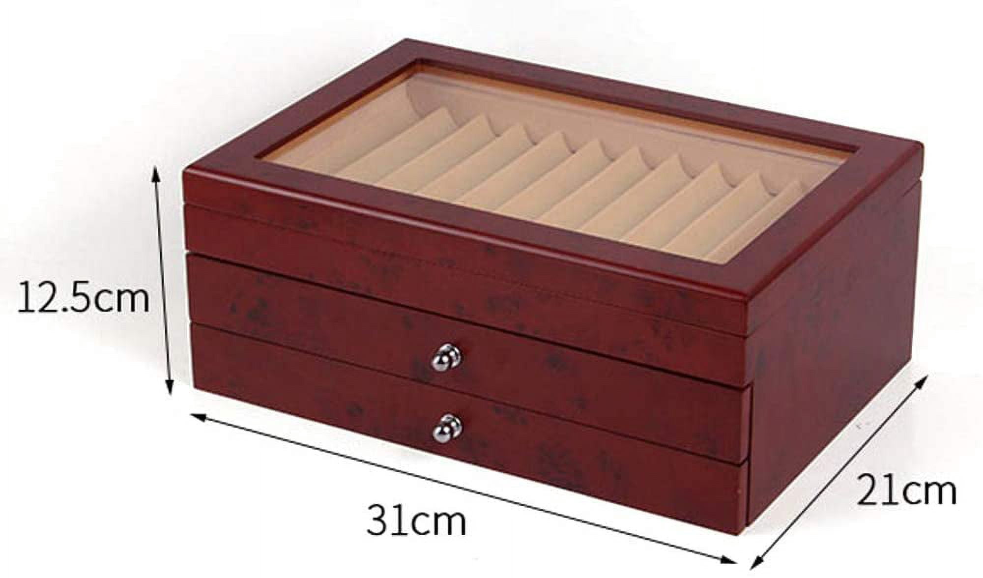 ANQIDI Pen Box 3 Layers High-grade 34 Slots Sandalwood Wood Fountain Pen Storage Collector Box with Glass Lid and Drawer (​Red)