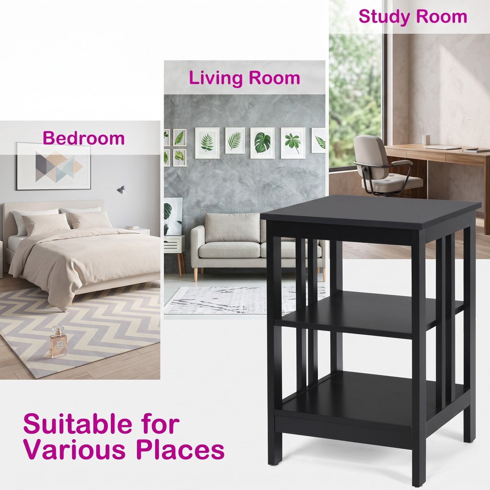 Furnibear 3-Tier Nightstand Sofa Side Table, Narrow End Table with Baffles and Round Corners, Open Storage Shelf Bedside Table for Bedroom Living Room Entryway, Black