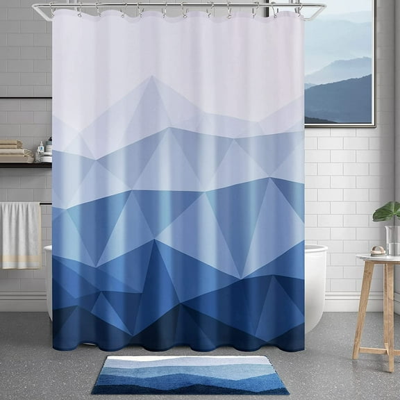 Ombre Blue Fabric Shower Curtain, Textured Fabric Bath Shower Curtain for Bathroom Decor, Waterproof Shower Curtain Liner with 12 Hooks,Machine Washable (72 x 72 inch, Blue)