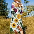 thumbnail image 5 of Painted Autumn Floral Bouquet Design Women's 3/4 Sleeve Dresses Elegant A-Line Midi Dress Flare Summer Casual Sundress, 5 of 9