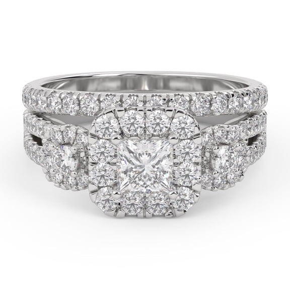 AFFY 3 Stone Halo Solitaire Bridal Set Ring for Women, 1.50 Carat (ctw) Princess Cut Lab Grown Diamond Engagement Wedding Ring In 14K White Gold Over Sterling Silver F-G-H, SI Quality Size-4