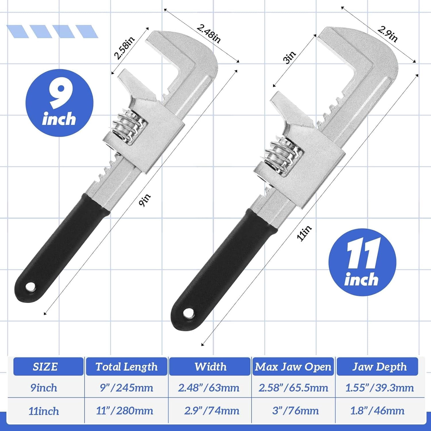 2 Pcs Adjustable Wrench Set 9 11 Inch, Wide Jaw Adjustable Wrenches Opening up to 2.9 Inch Versatile Use in Auto, Plumbing and Household Repairs, Construction, Garage, Workshop