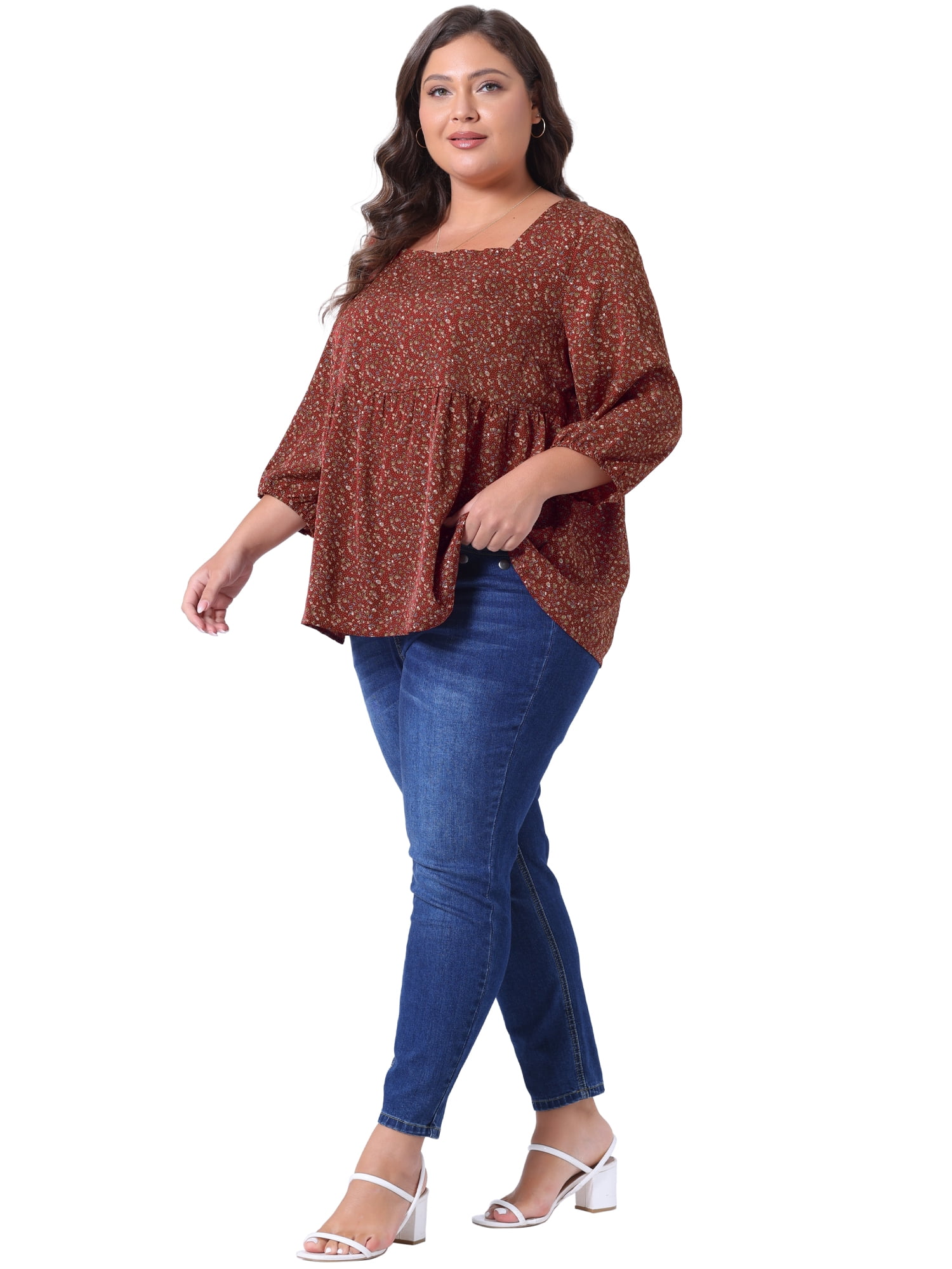 DARING DIVA Women's Plus Dressy 3/4 Sleeve Floral Peplum Babydoll Top 3X Burgundy