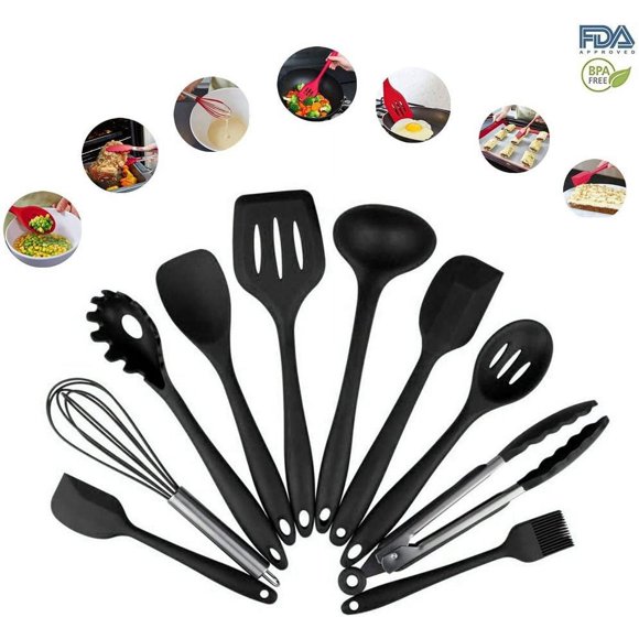 Ensemble d'Ustensiles de Cuisine en Silicone (10 Pcs), Ustensiles de Cuisson Résistants à la Chaleur avec Revêtement Solide Hygiénique, Spoonula, Brosse, Spatula, Louche, Spatule et Cuillère Ajourées, Tongs (Noir)