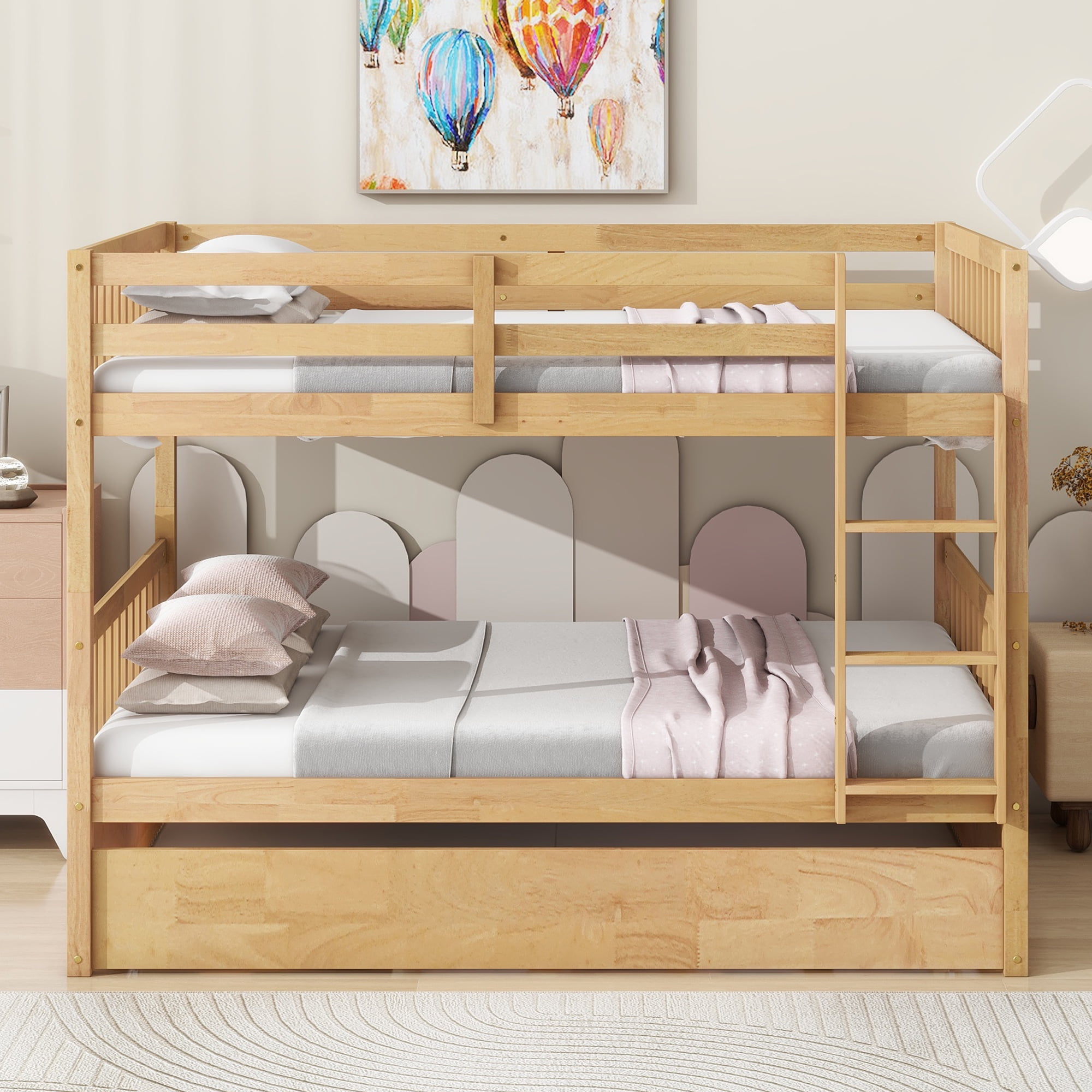 Sailvan Full Over Full Rubber Wood Bunk Bed with Trundle Ladder Guardrails, Convertible to 2 Beds