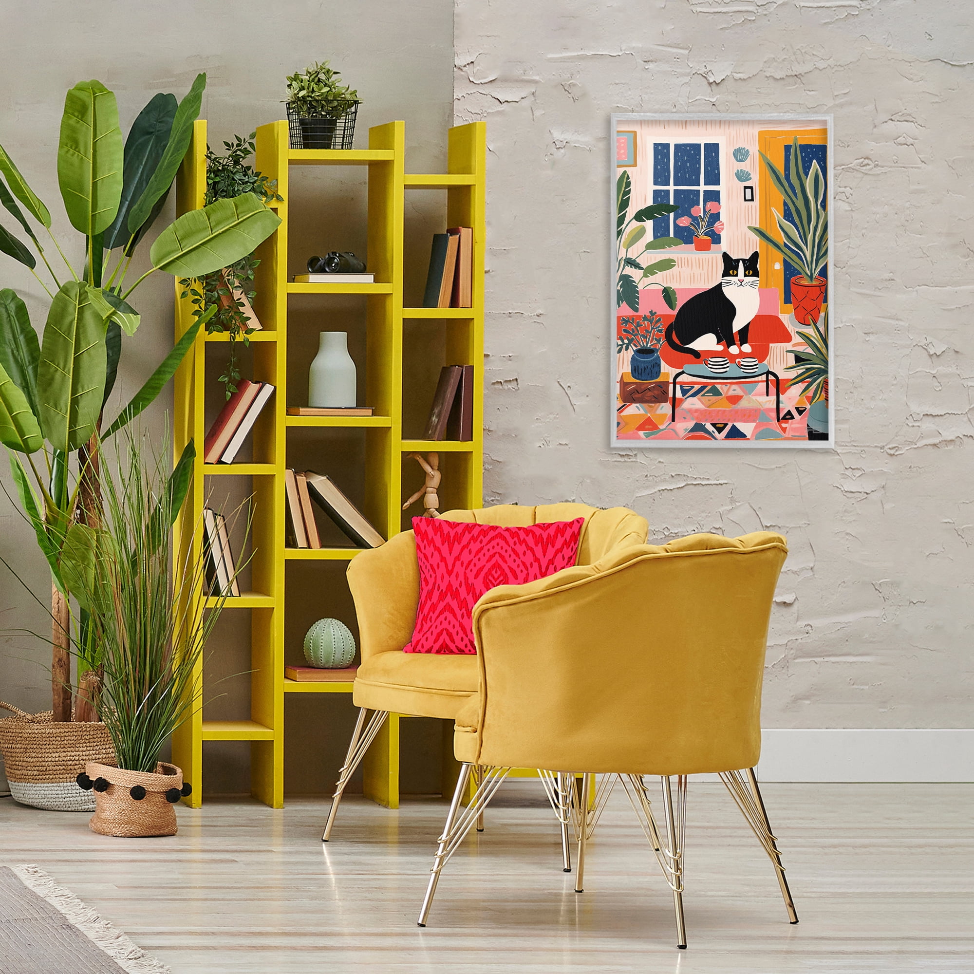 Stupell Industries Eclectic Living Room Cat Animals & Insects Painting Gray Framed Art Print Wall Art, 20 x 30
