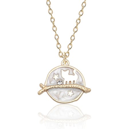 CZ Round Disc Cat Pendant Necklace for Women Gold-Toned Cartoon Cute Kitten Coin Link Chain Necklaces Adjustable Funny Enamel Star Moon Animal Jewelry for Halloween Party 18 Inches