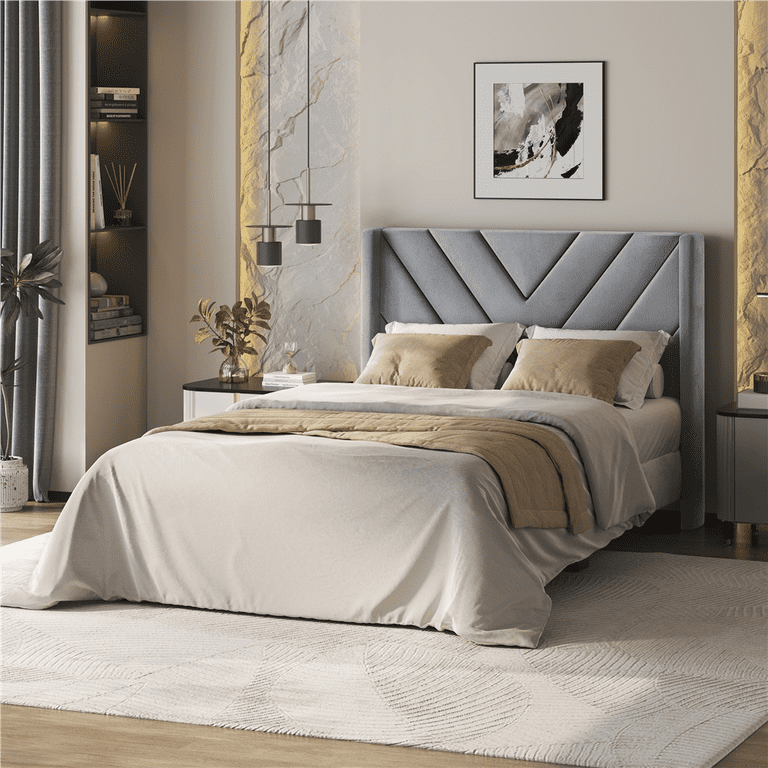 Yaheetech Twin Platform Bed, Tufted Velvet Headboard photo 3
