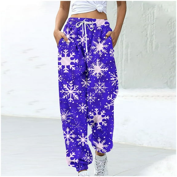 WXLWZYWL Women Merry Christmas Sweatpants Drawstring Jogger Snowflake Fun Print Elastic Waist Casual Trousers Warm Comfy Pants with Pockets