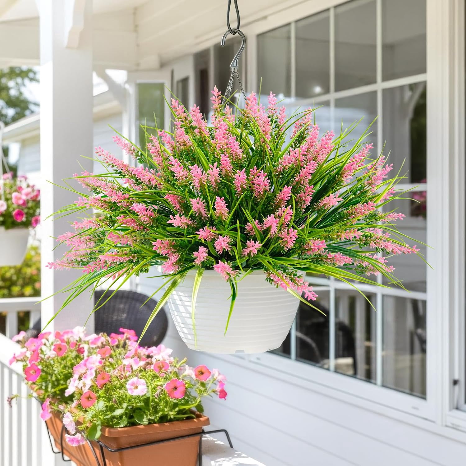 N&T NIETING 10 Bundles Artificial Plants Outdoor, Fake Monkey Grass with Flowers, UV Resistant Fake Plants for Garden Window Office Patio Hanging Planter Pathway Front Porch Home(Pink)