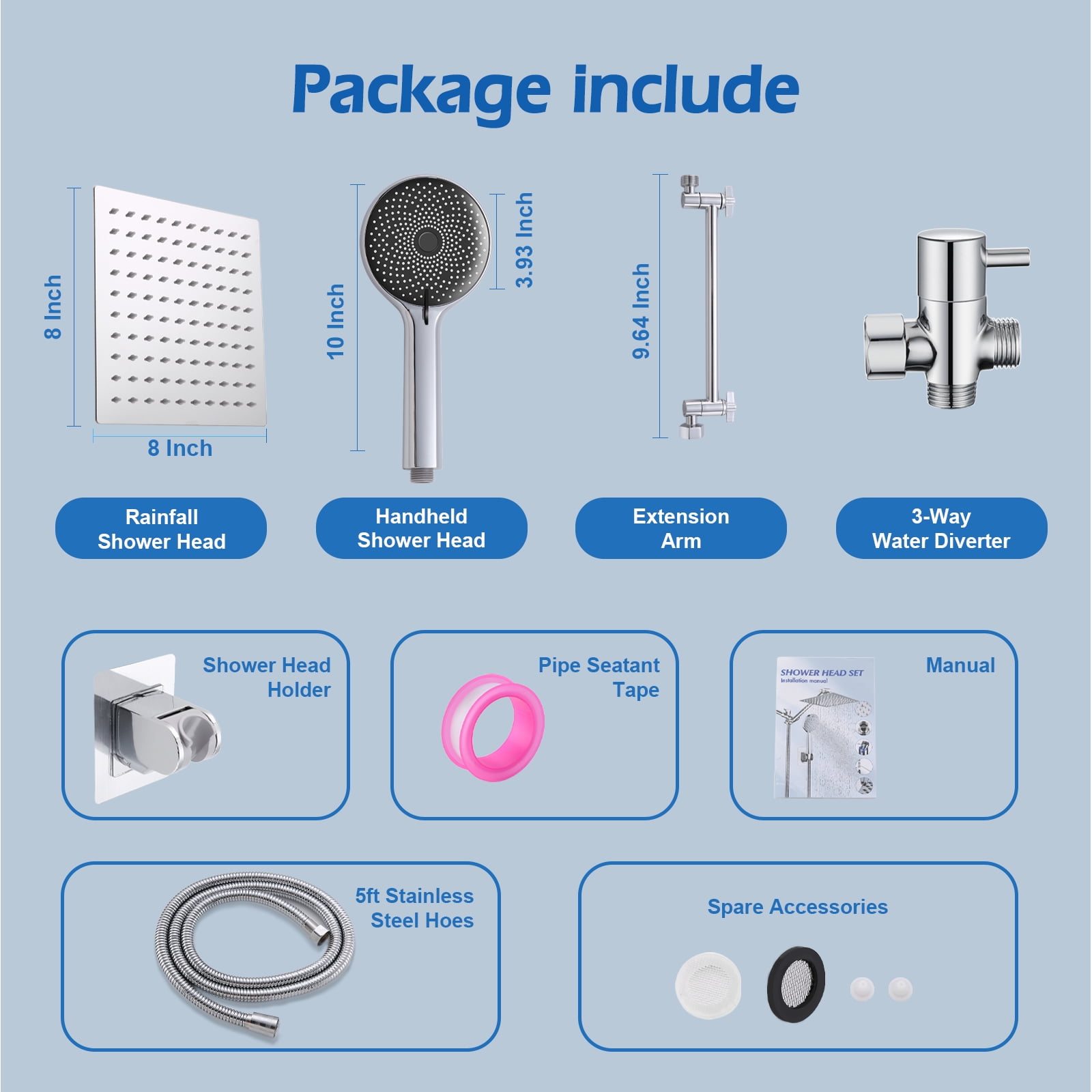 Scilulu 8"Rain Shower Head with Handheld Spray Combo with 11'' Angle Adjustable Extension Arm/Flow Regulator/Shower System,High Pressure Rainfall Shower Head Clean Bathroom,Chrome