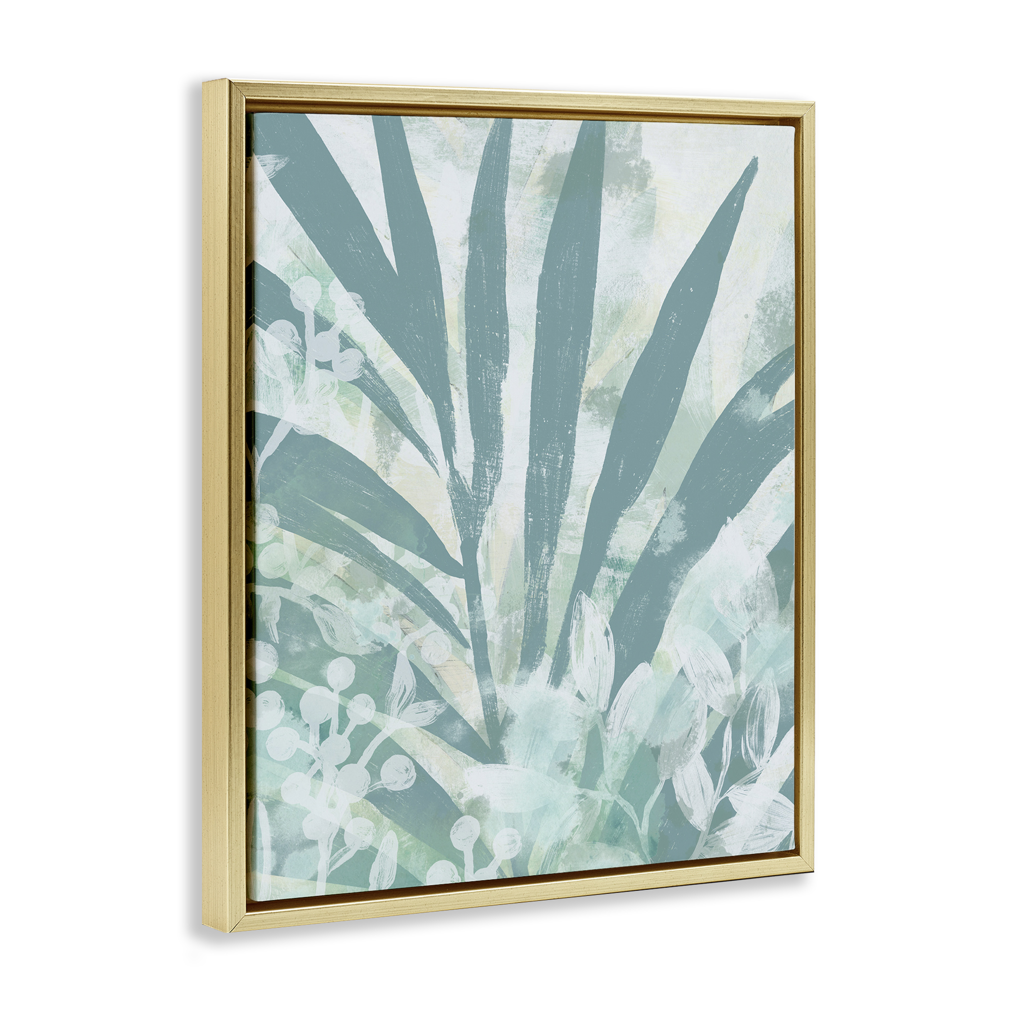 Stupell Industries Palm Frond Splatter Botanical & Floral Painting Gold Floater Framed Art Print Wall Art, 17 x 21