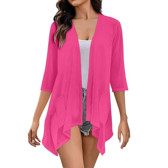 Hamky Womens Cardigan Plus Size Tops Lightweight Cardigans For Women 3/4 Sleeves Front Cardigan Boho Draped Ruffles Plus Size Knit Soft Cardigan Womens Shirts 3/4 Sleeve Tops Pink M