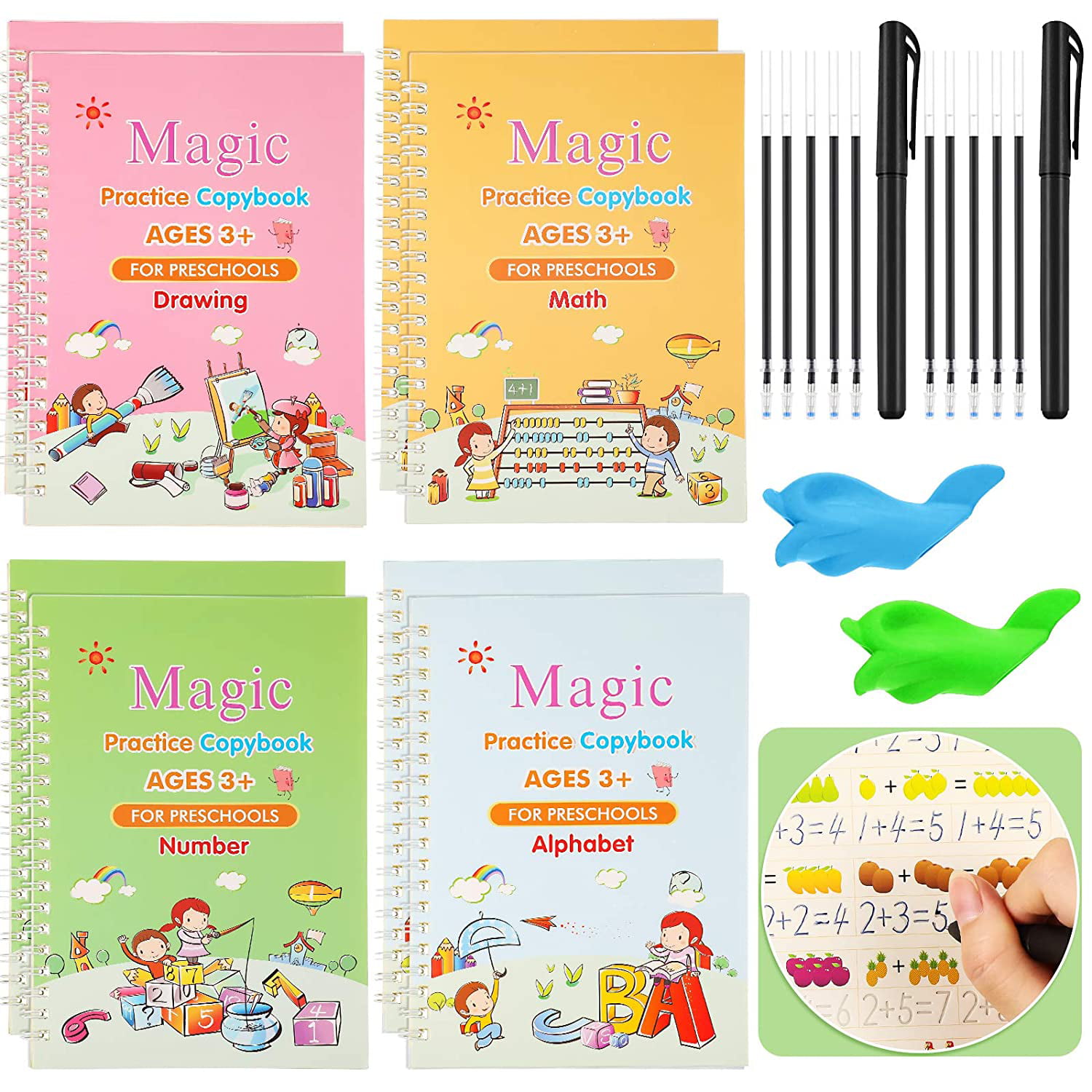 Adorable Style 8 Pieces Magic Practice Copybook Reusable Calligraphy Book Alphabet Number Math Drawing Workbook Kids Magic Writing Paste Childrens Kindergarten Grooves Post for School Home Learning