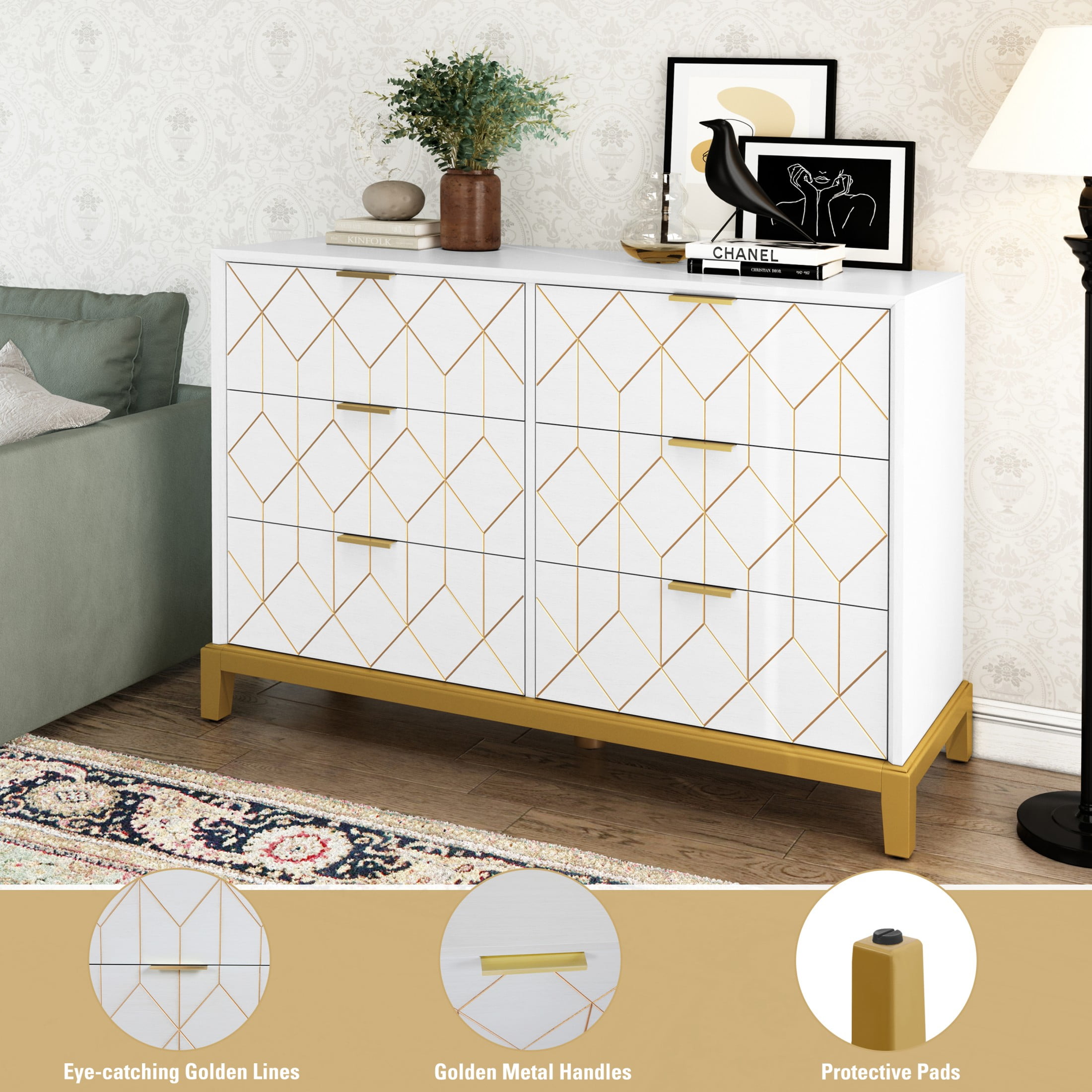 HLR Modern 6 Drawers Dresser, White Wood Dresser for Bedroom Wide Chest of Drawers, Storage Double Dressers Organizer for Bedroom, Living Room