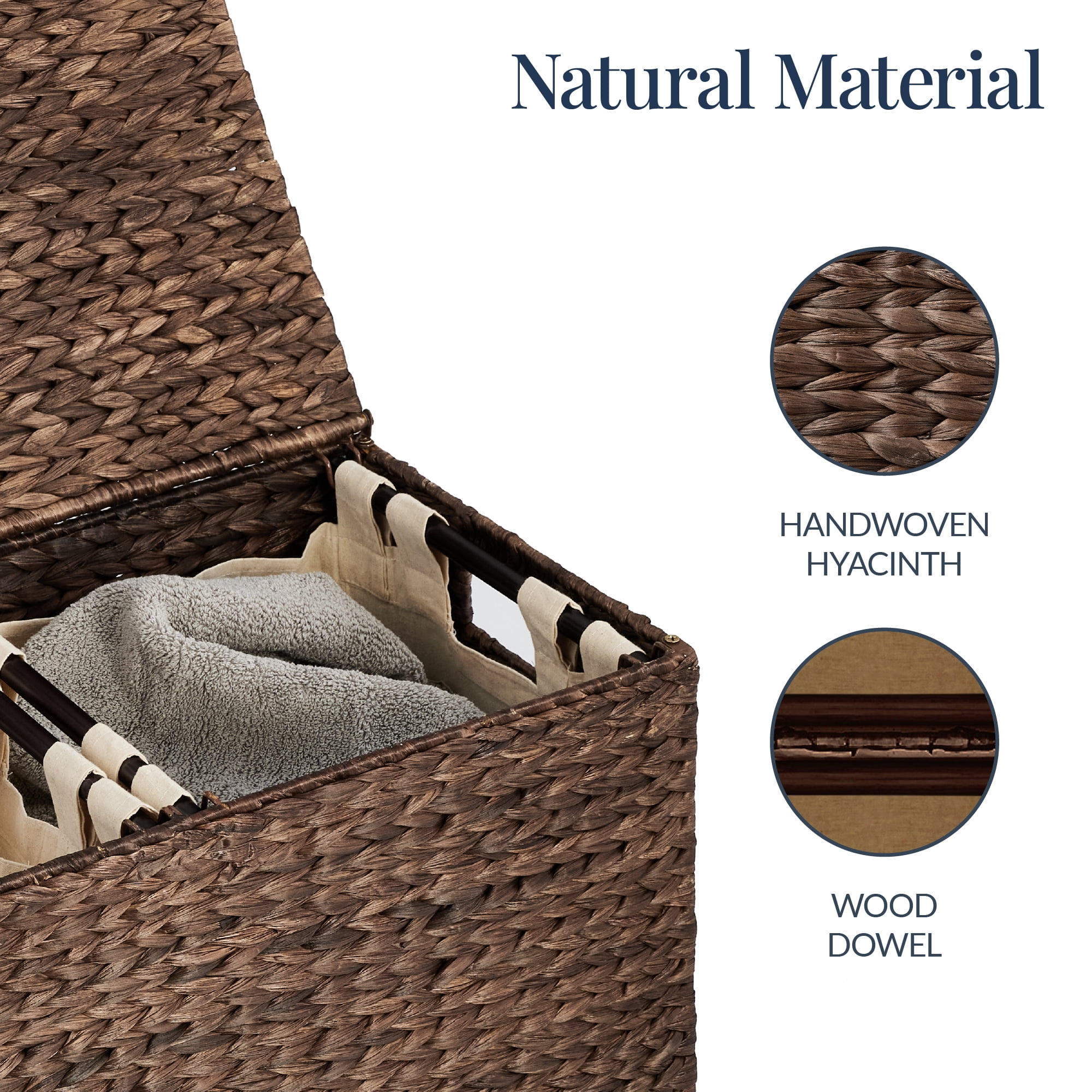 Best Choice Products Large Natural Water Hyacinth Double Laundry Hamper Basket w/ 2 Liner Bags, Handles - Espresso