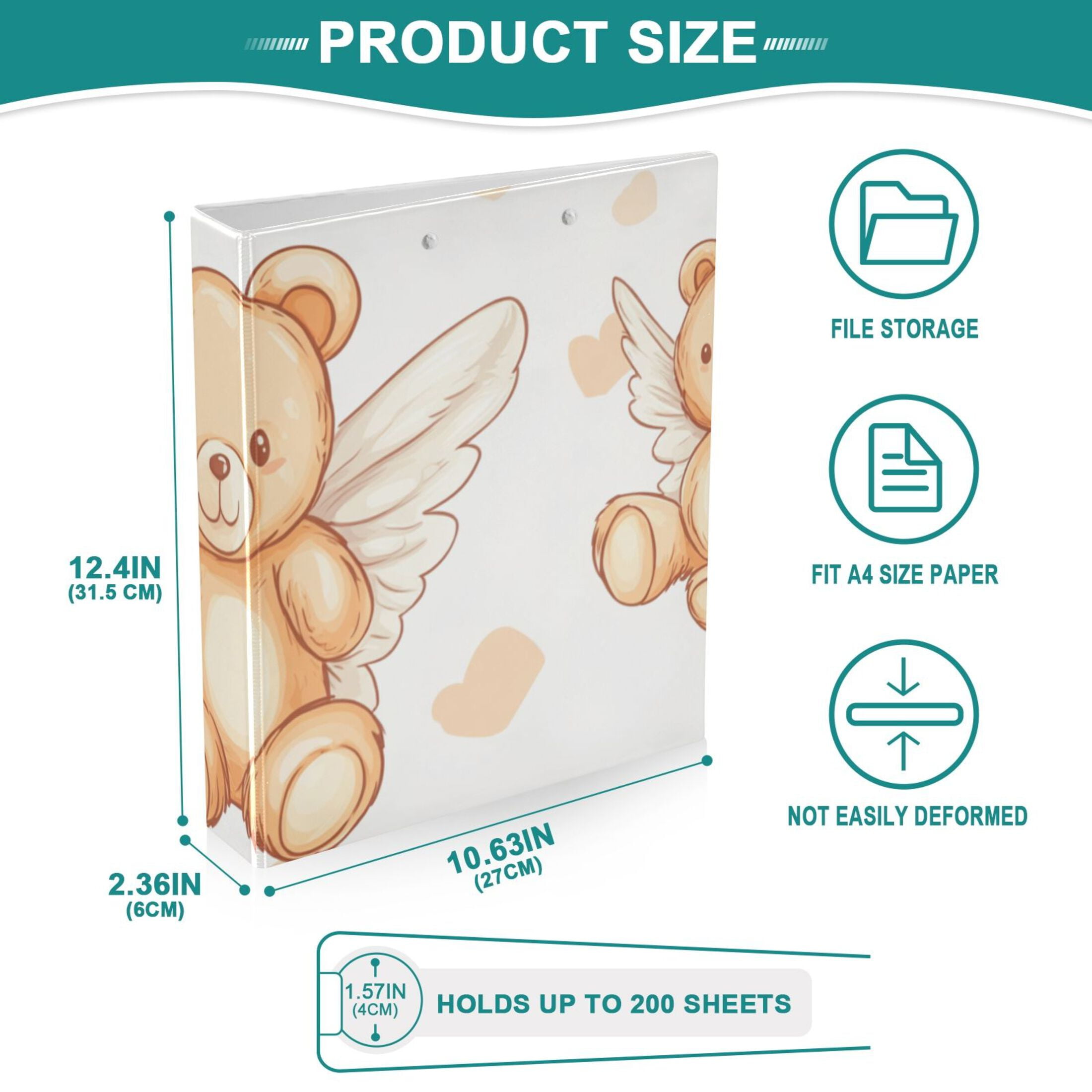 Bears with Wings 3 Ring Binders 1.5 inch Hardcover File Folders with Interior Pockets A4 Size Organizer for School Office Hospital