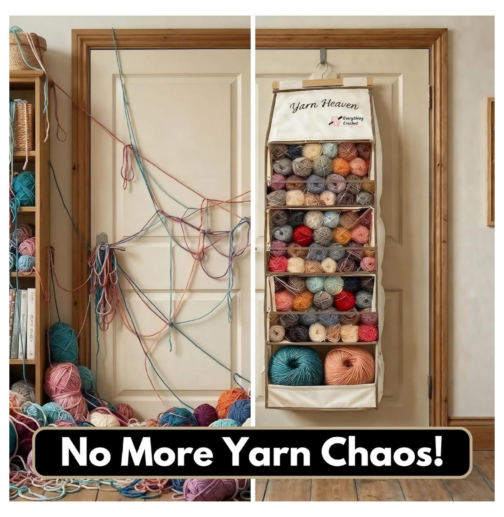 Yarn Heaven Storage Organizer – Over The Door & Closet Hanging Yarn Bag for Crochet & Knitting, Skein Holder Holds 200+ Skeins with Clear Pockets for Yarn Stash, & Needles
