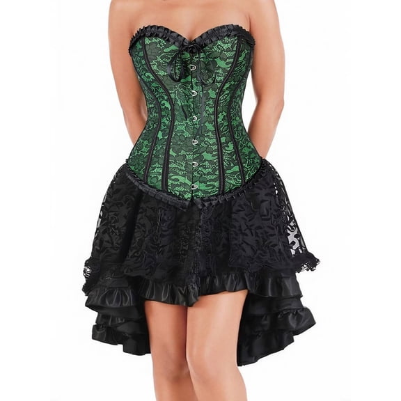 Grebrafan Women Renaissance Green Corset and Steampunk Black Skirt Set S