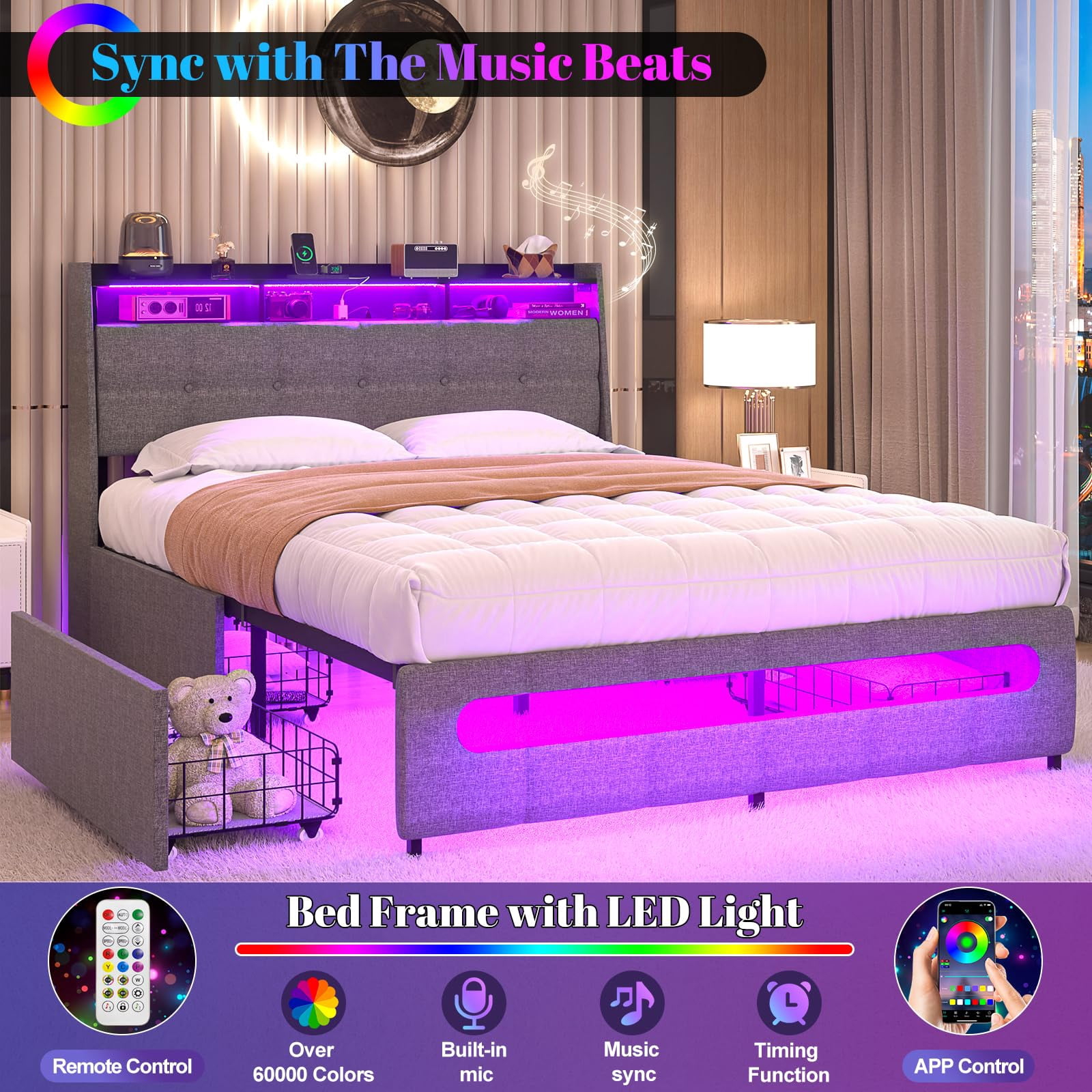 Aheaplus Full Size Bed Frame with Drawers Charging Station LED Light, Upholstered Full Bed Frame with Storage Headboard, Heavy Duty Wood Slats, No Box Spring Needed, Noise Free, Gray