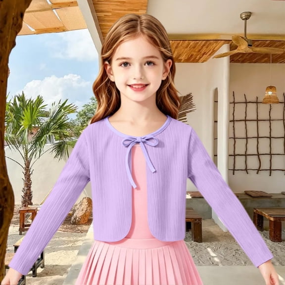 AUDeals Girls Ribbed Tie Front Cardigan - Long Sleeve Cropped Lightweight Knit Sweater Cover Up for Girls Fall Winter Layering Wear