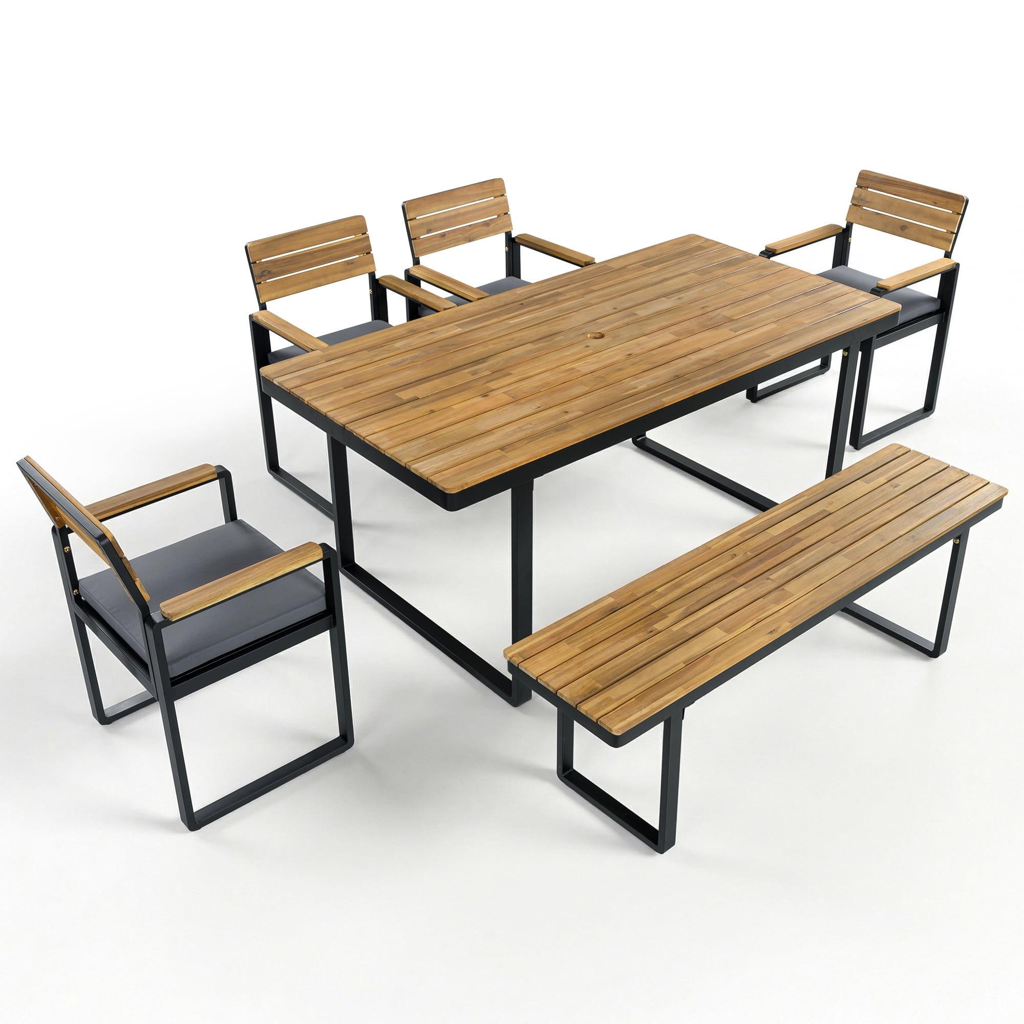 YIORTWO 6-Piece Outdoor Dining Set, Acacia Wood & Steel Patio Furniture for 6-7 Person, 1 Dining Table 4 Cushioned Chairs & 1 Bench, Gray