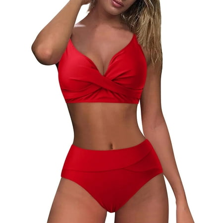 IDALL Bikini Sets Bathing Suit Retro Wrap High Waist Bikini Piece Swimsuit Print Tow Set Piece Vintage Front Two Ruched Crisscross Set Thong Bikini Sets High Waisted Bikini Sets Red S