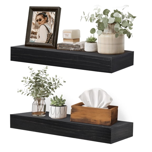 Floating Shelves, 17 Inch Wall Mounted Wooden Shelves, Set of 2