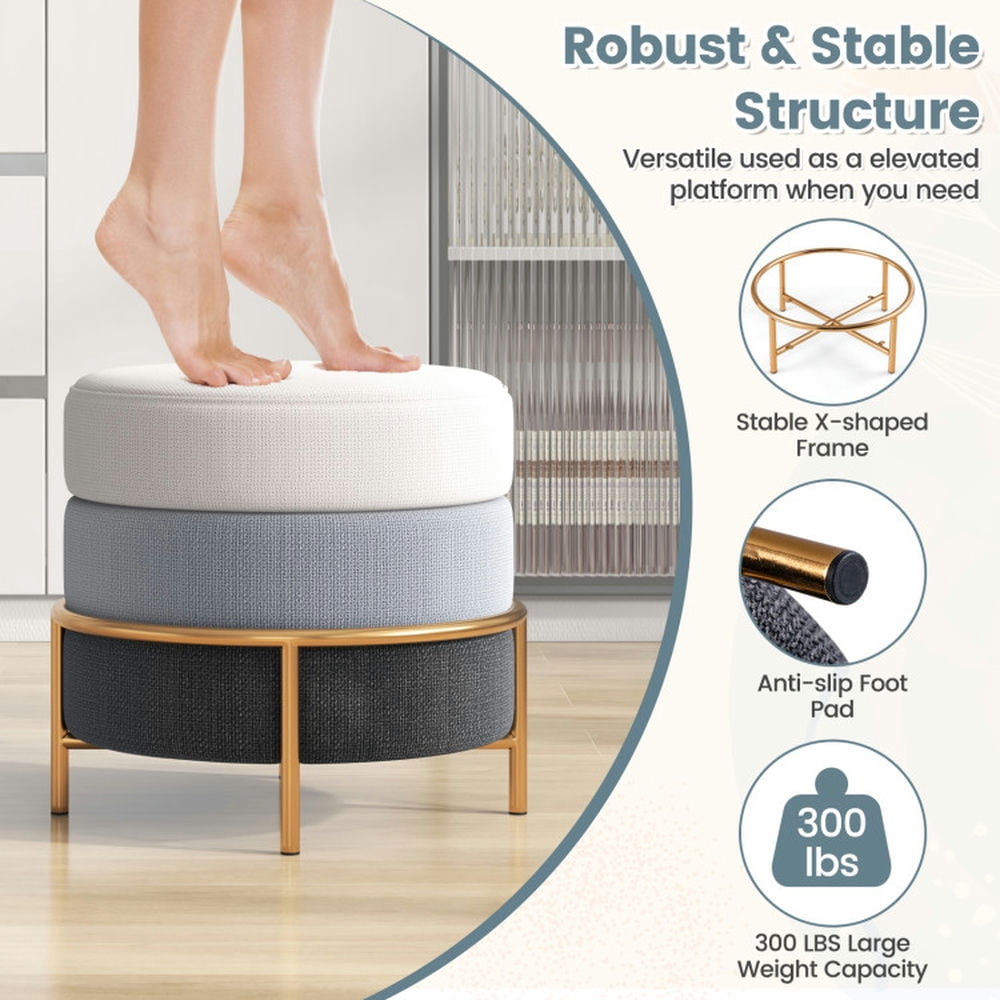 Finihen Ottoman, Foot Stool, Upholstered Round Ottoman, Upholstered Linen Fabric Ottoman with Gold Metal Legs and Anti-slip Foot Pads, for Living Room, Bedroom, Makeup Room, Gray Finihen Ottoman, Foot Stool, Upholstered Round Ottoman, Upholstered Linen Fabric Ottoman with Gold Metal Legs and Anti-slip Foot Pads, for Living Room, Bedroom, Makeup Room, Gray