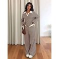 thumbnail image 5 of Womens Sweater Set 2 Piece Outfits Striped Long Sleeve Collared Tops Wide Leg Pants Lounge Sets Brown XL, 5 of 9