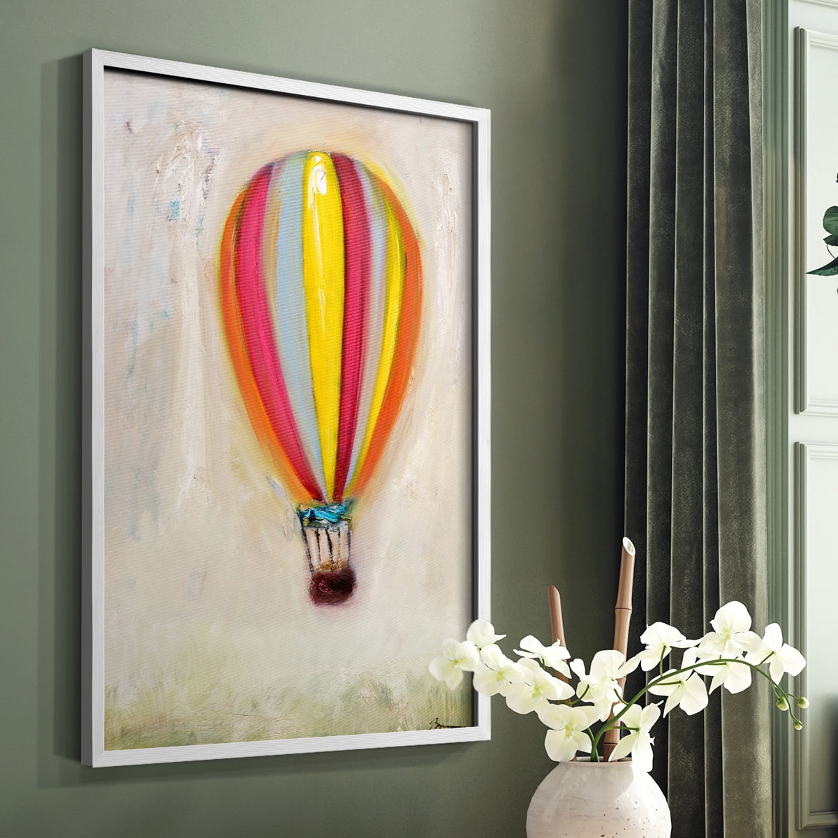 Lucky Hot Air Balloon Framed Print in White Solid Wood Framed Print No Nail Hanging