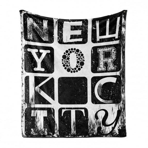 New York Soft Flannel Fleece Blanket, American City Typography in Murky Tones USA Urban Logo Emblem States, Cozy Plush for Indoor and Outdoor Use, 70" x 90", Charcoal Grey and White, by Ambesonne
