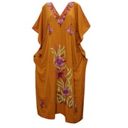 Mogul Women's Maxi Caftan Floral Embroidered Brown Long Evening Dress