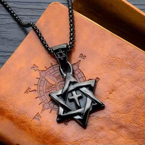 HOOUN Mens Black Jewish Star of David Cross Pendant Necklace Punk Jewelry Chain 24"