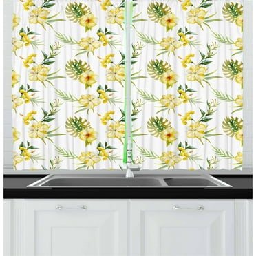 Watercolor Curtains 2 Panels Set, Hibiscus Flora Pattern Hawaii Plants with Leaves Jungle Summer Foliage, Window Drapes for Living Room Bedroom, 55W X 39L Inches, Yellow Green White, by Ambesonne