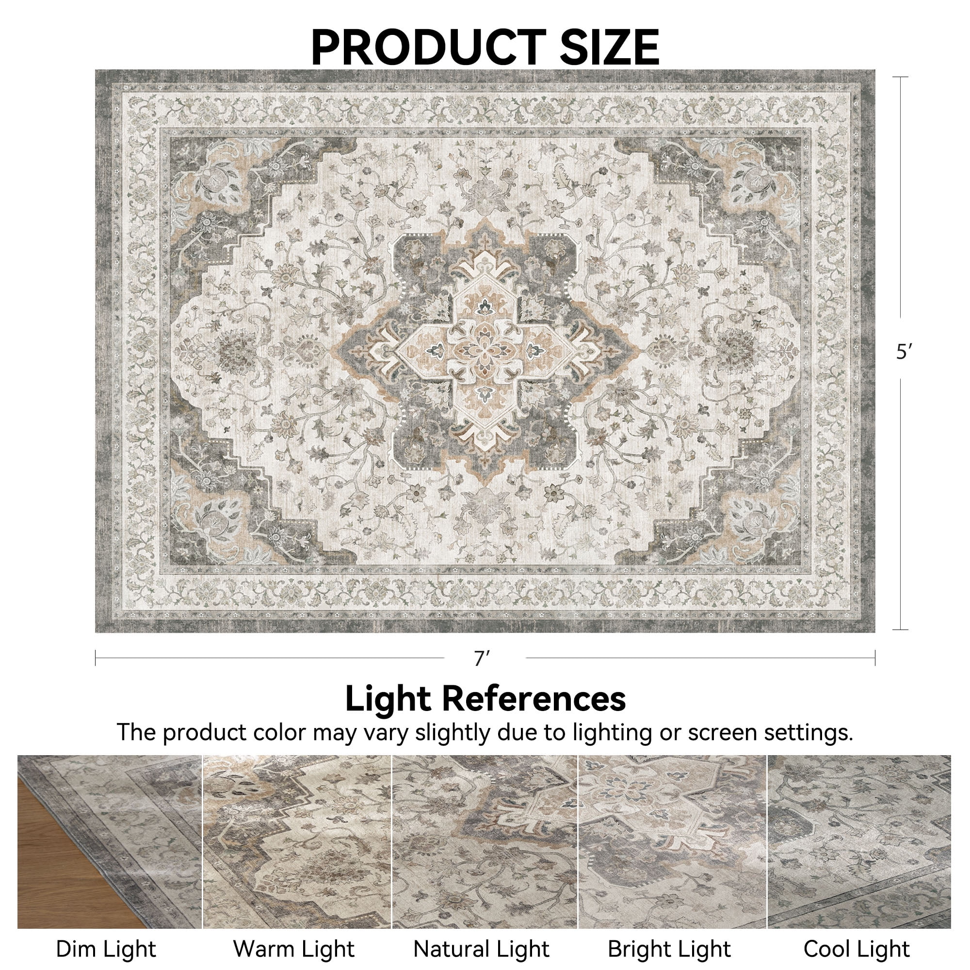 CHITOOMA 5'x7' Area Rugs for Living Room, Washable Rugs Vintage Soft Living Room Rug for Bedroom Dining Room Dorm Office with Non-Slip Backing, Stain Resistant Non-Shed Carpet