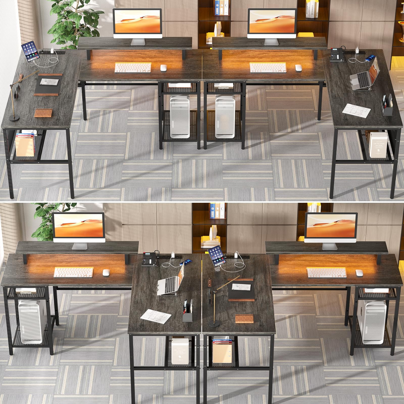 Aheaplus Reversible L Shaped Computer Desk with Power Outlet and LED Light,Black Oak