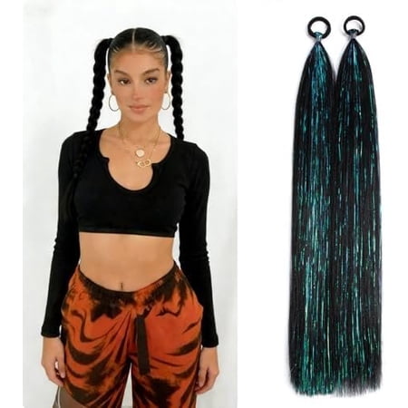 2 count Colored Hair Extensions 26 Inch Braid Ponytail for Women Straight and Smooth Hair Extensions with Elastic Bands Suitable for Parties and Events. (Black)