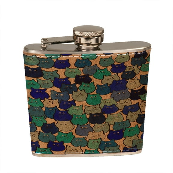 KuzmarK 6 oz. Leather Pocket Hip Liquor Flask - Very Blue Tiny Chubby Kitties Art by Denise Every