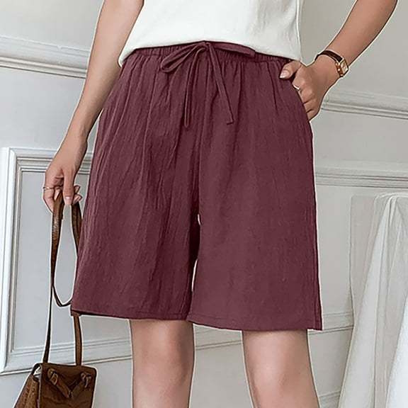 Pitauce Linen Shorts for Women Casual Drawstring Oceanside Lounge Beach Solid Color Shorts with Pockets on Clearance